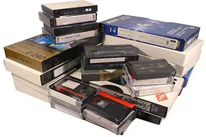 Stack of assorted video media.
