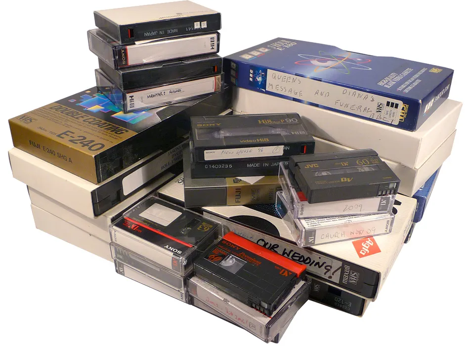 Stack of assorted video media.